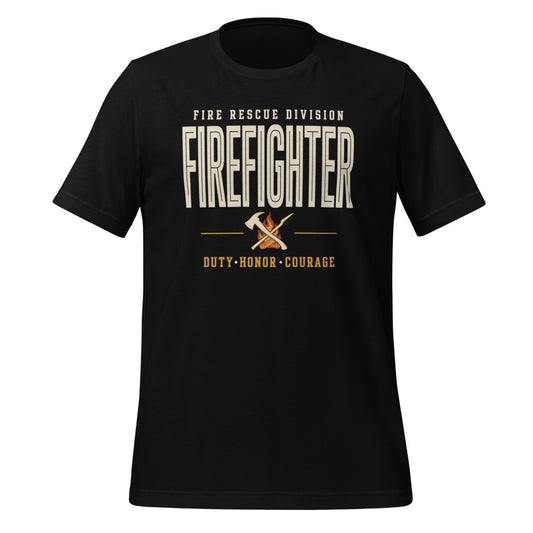 Firefighter collegiate wordmark retro fire-rescue tee — Black, front