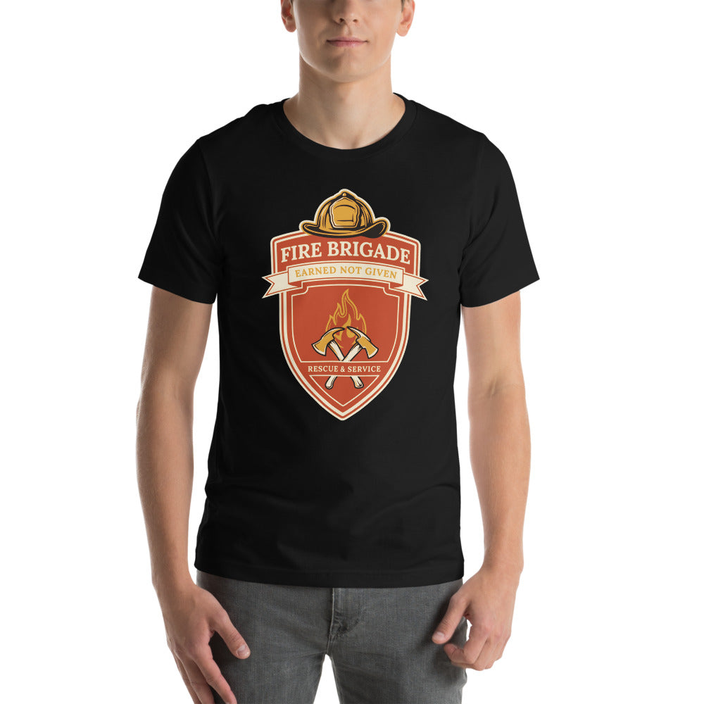 Fire Brigade Earned Not Given retro firefighter shield emblem tee — Black, on model