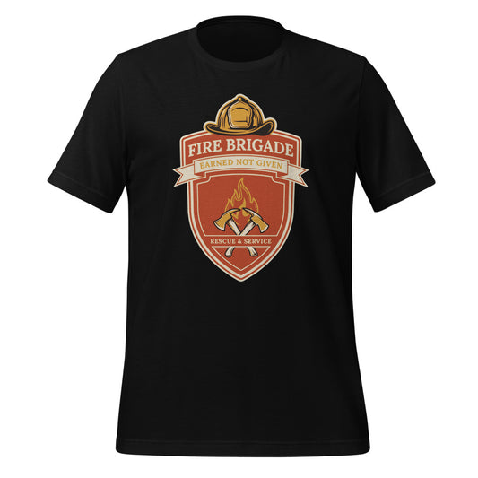 Fire Brigade Earned Not Given retro firefighter shield emblem tee — Black, front