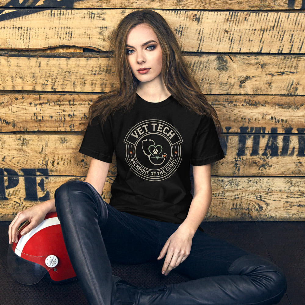 Vet Tech Crest retro veterinary technician tee — Black, on model