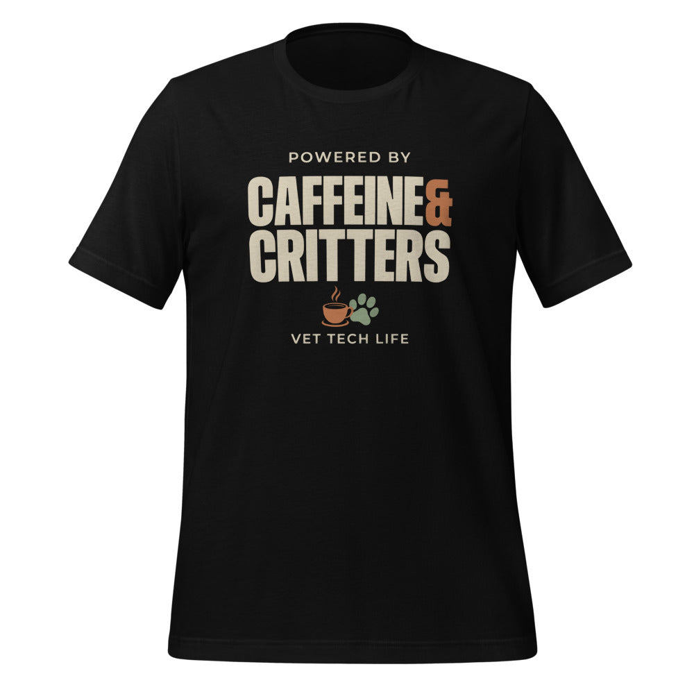 Powered by Caffeine & Critters funny vet tech tee — Black, front