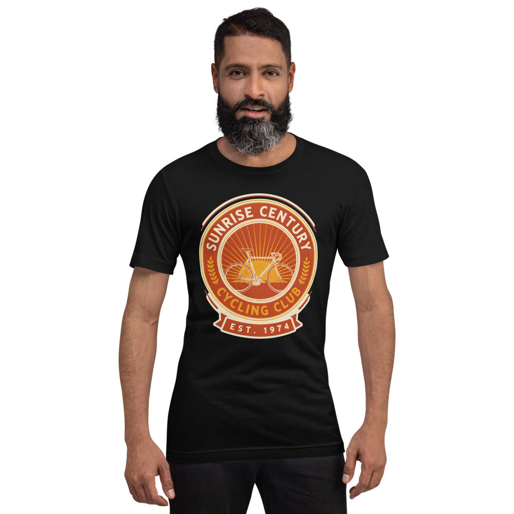 Sunrise Century C.C. retro cycling club badge t-shirt — Black, on model