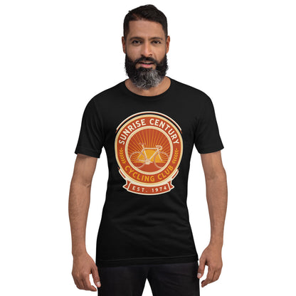 Sunrise Century C.C. retro cycling club badge t-shirt — Black, on model
