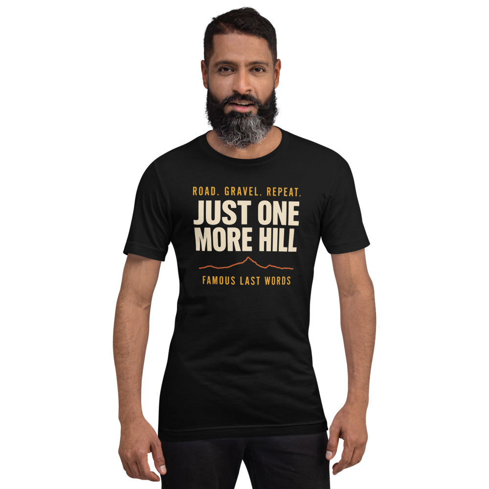 Just One More Hill retro cycling climb t-shirt — Black, on model