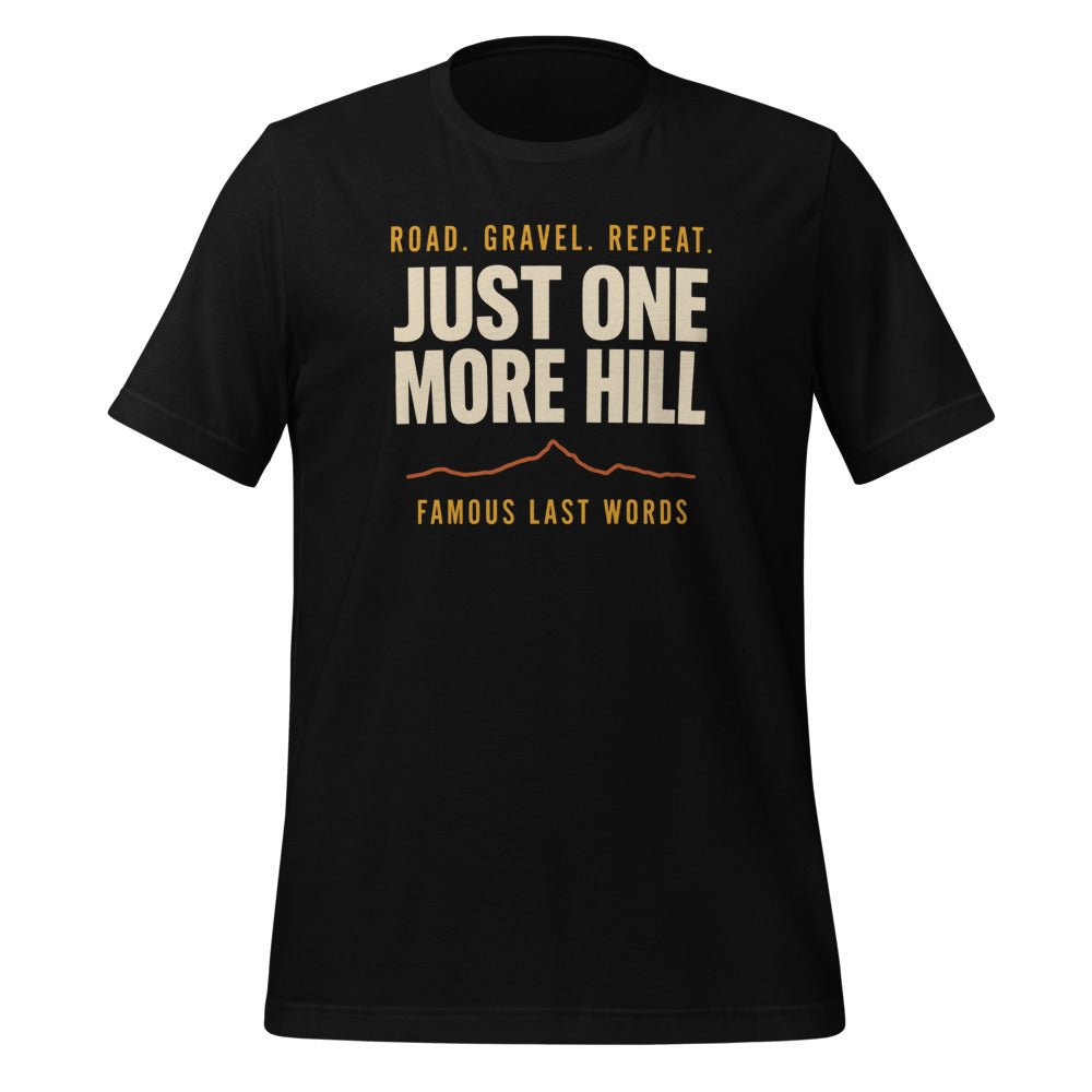Just One More Hill retro cycling climb t-shirt — Black, front