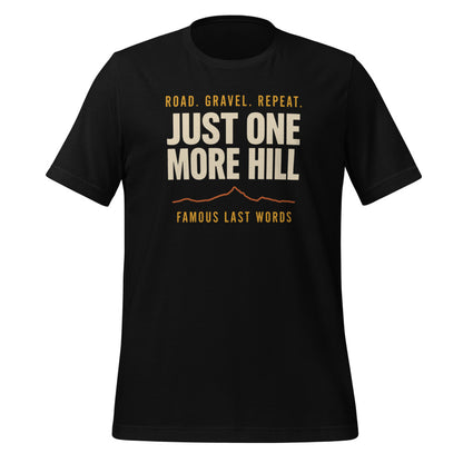 Just One More Hill retro cycling climb t-shirt — Black, front