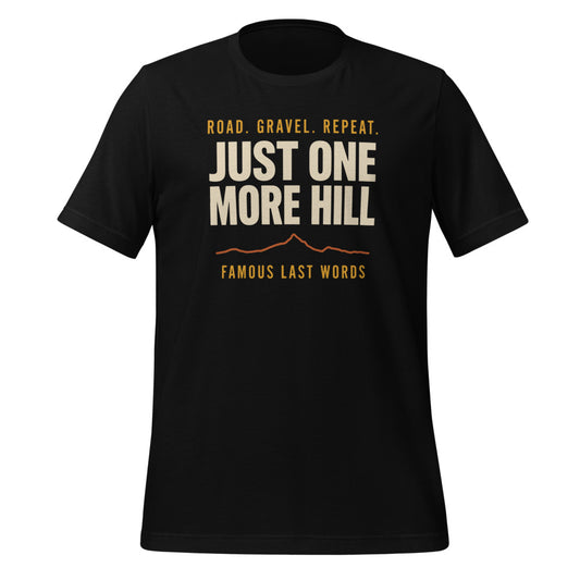 Just One More Hill retro cycling climb t-shirt — Black, front