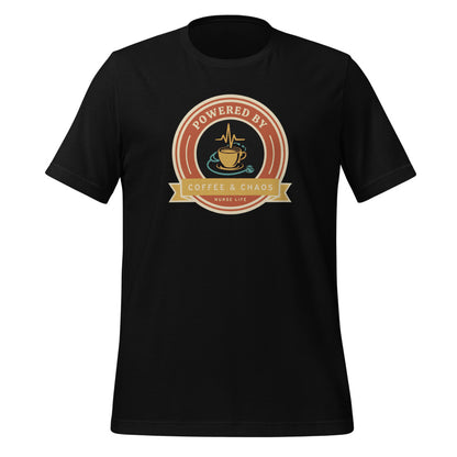 Powered by Coffee & Chaos retro nurse badge tee — Black, front