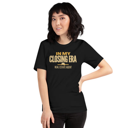 In My Closing Era real estate agent tee — Black, on model