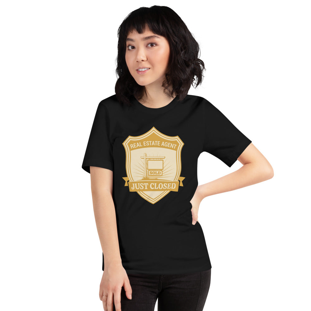 Just Closed real estate agent tee — Black, on model