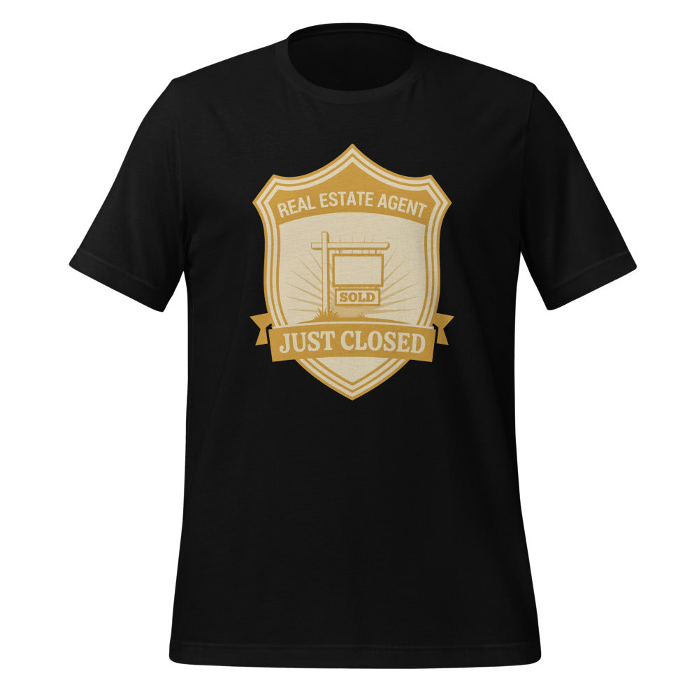 Just Closed real estate agent tee — Black, front