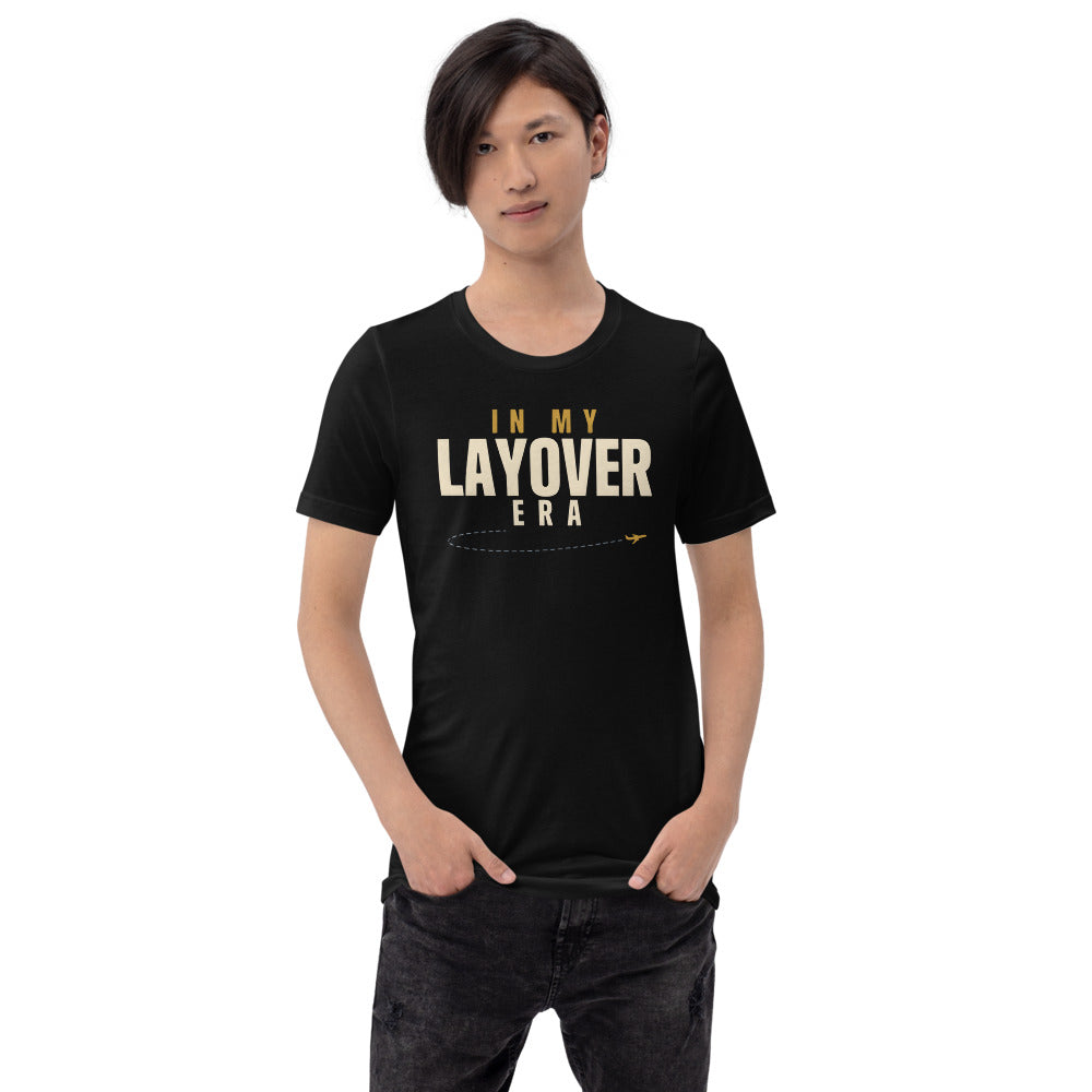 In My Layover Era flight attendant tee — Black, on model
