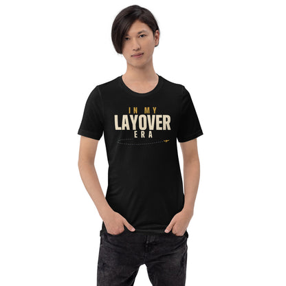 In My Layover Era flight attendant tee — Black, on model