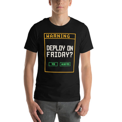 Deploy On Friday programmer tee — Black, on model