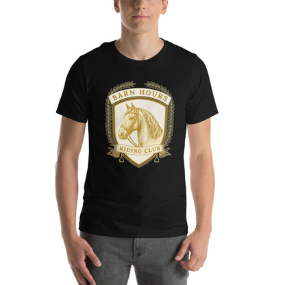 Barn Hours Riding Club vintage equestrian stable crest t-shirt — Black, on model