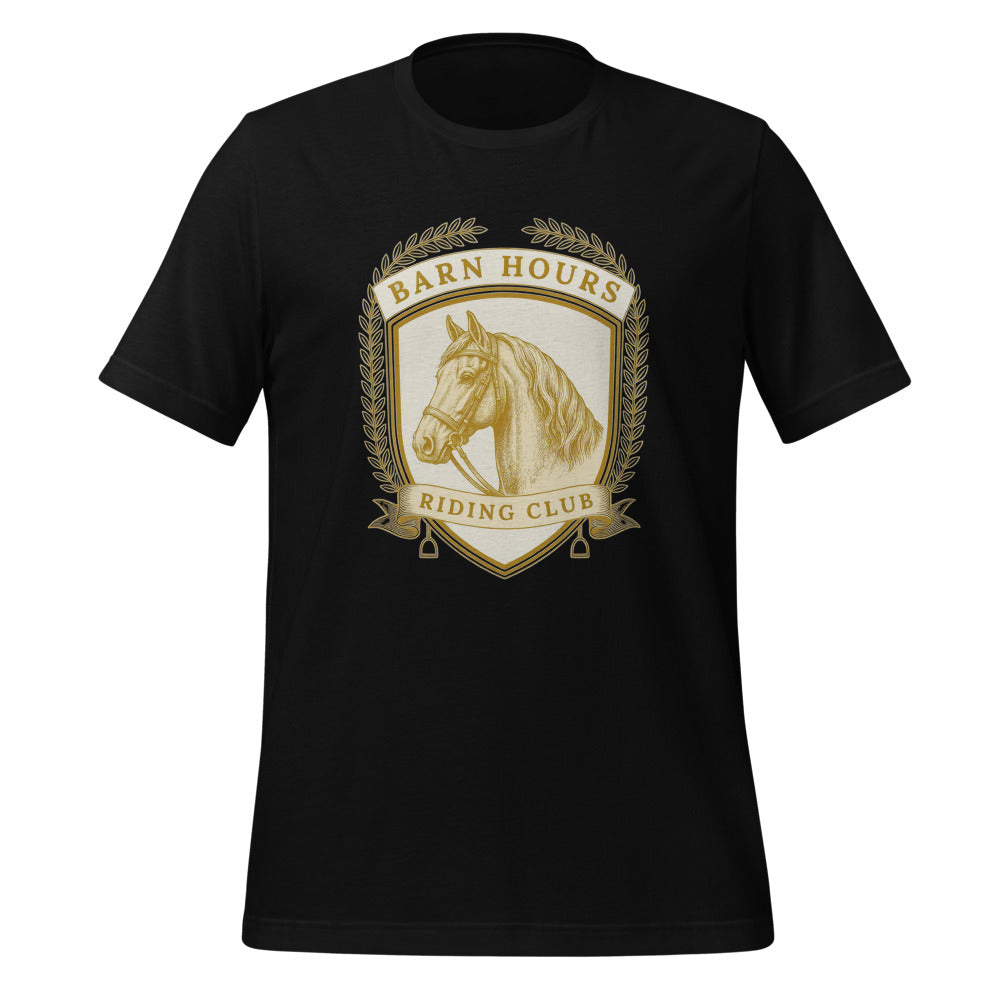 Barn Hours Riding Club vintage equestrian stable crest t-shirt — Black, front