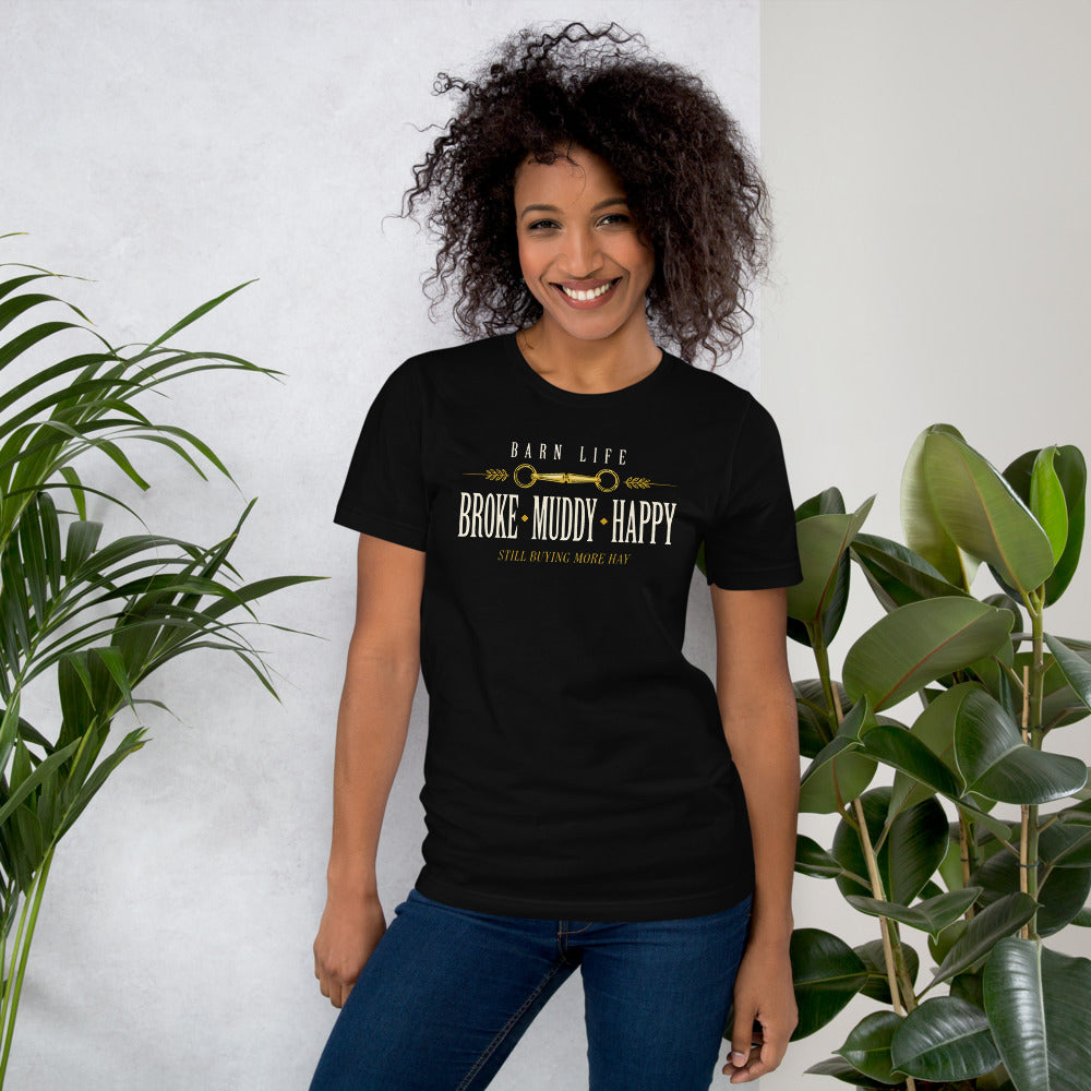 Broke Muddy Happy funny barn life equestrian t-shirt — Black, on model