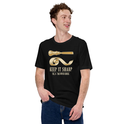 Keep It Sharp woodworking tee — Black, on model