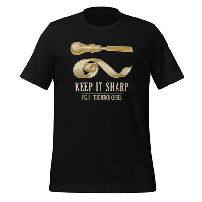 Keep It Sharp woodworking tee — Black, front