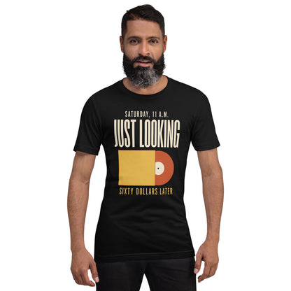 Just Looking Sixty Dollars Later vinyl record tee — Black, on model