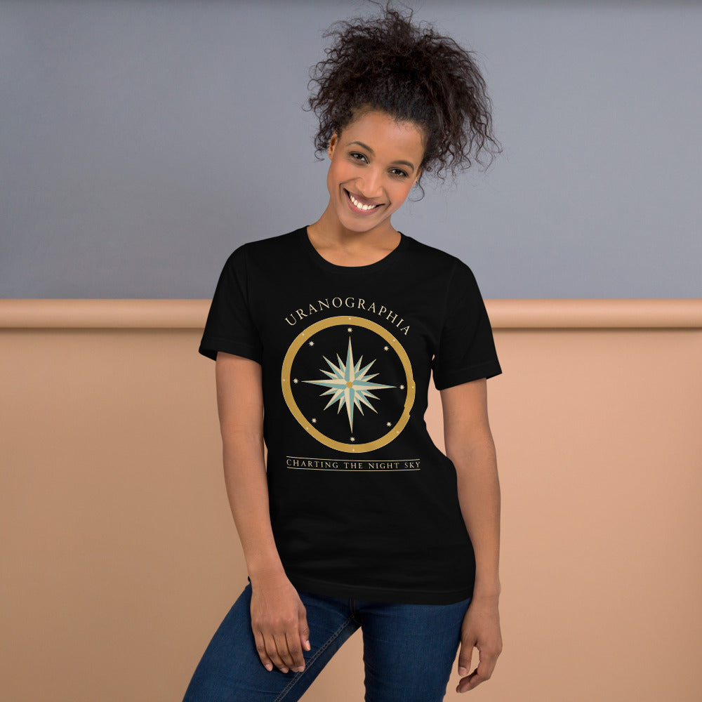 Uranographia vintage celestial chart astronomy tee — Black, on model