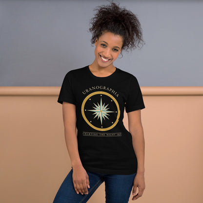 Uranographia vintage celestial chart astronomy tee — Black, on model