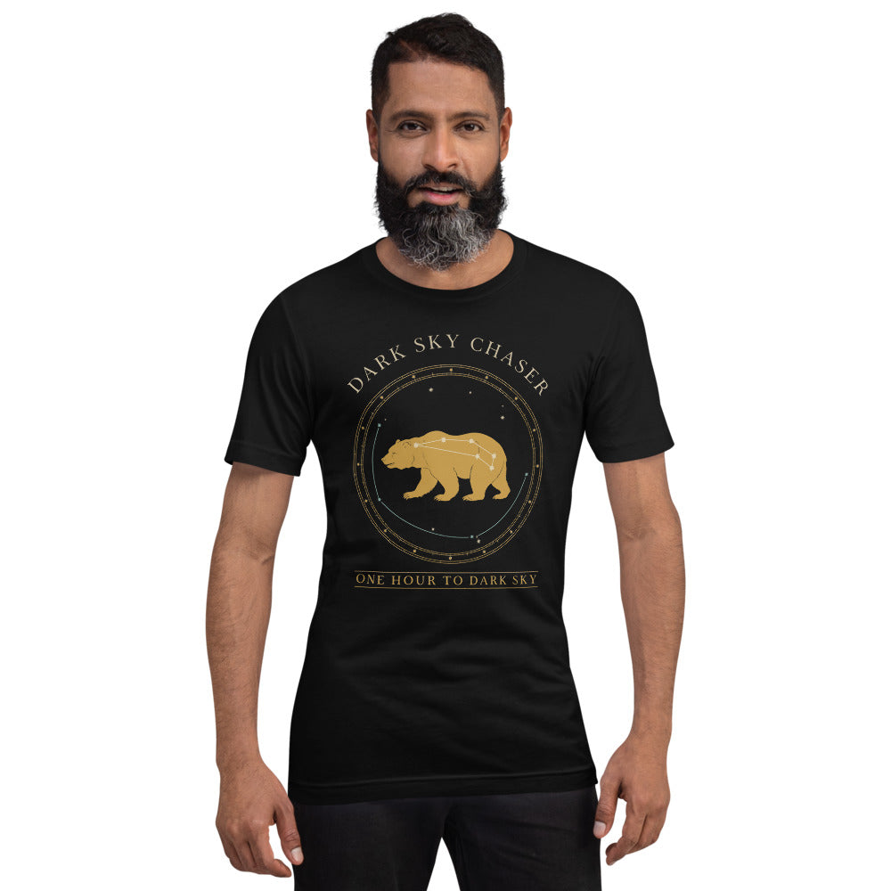 Dark Sky Chaser Ursa Major constellation astronomy tee — Black, on model