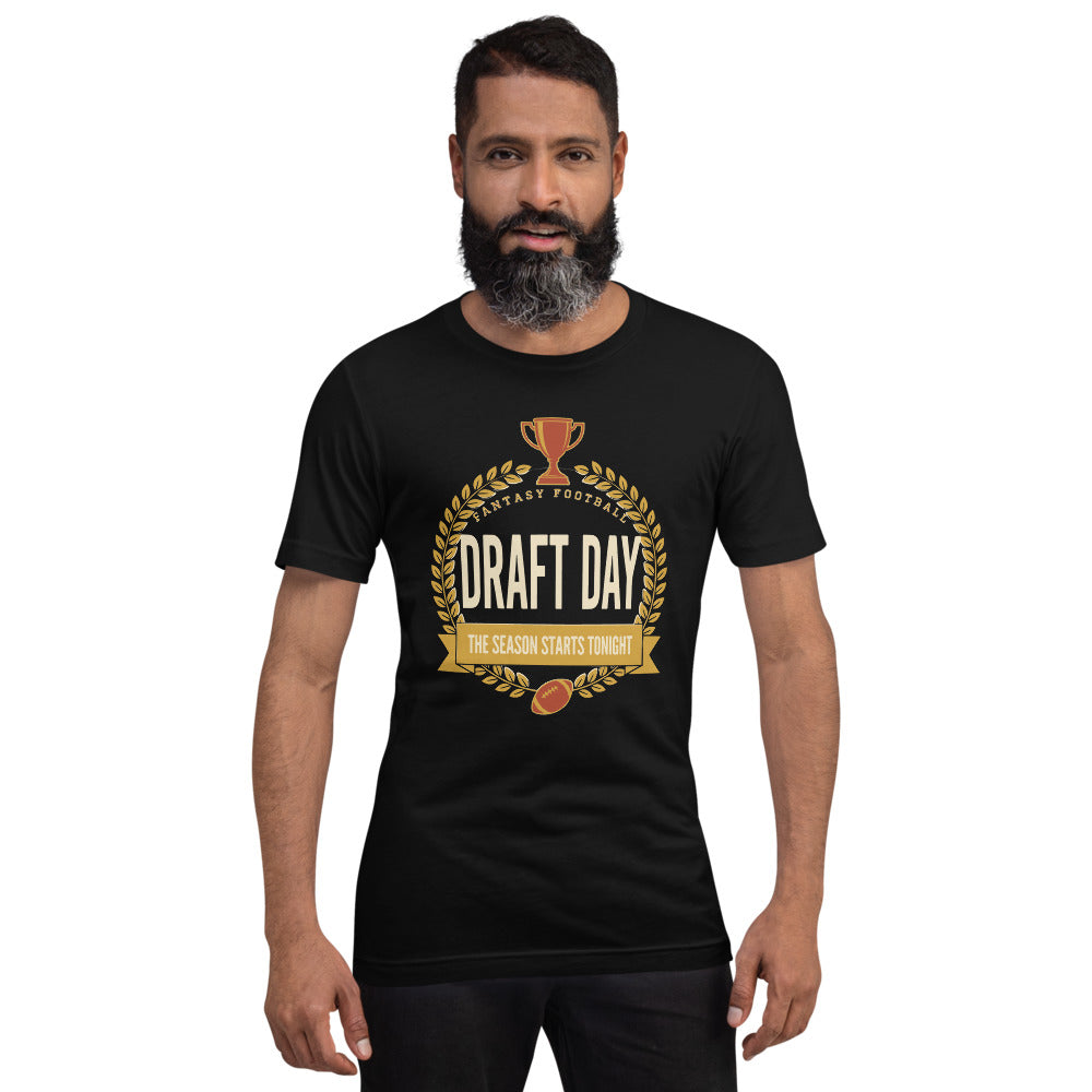 Draft Day Almanac vintage fantasy football draft tee — Black, on model