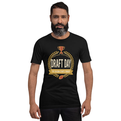 Draft Day Almanac vintage fantasy football draft tee — Black, on model