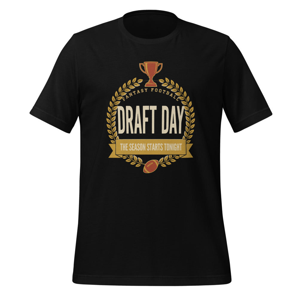 Draft Day Almanac vintage fantasy football draft tee — Black, front