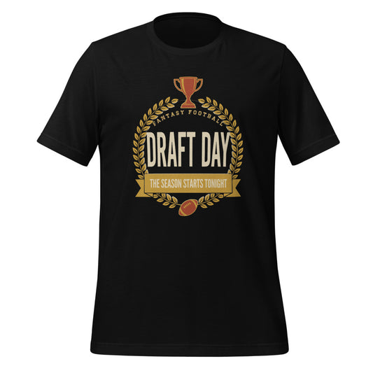 Draft Day Almanac vintage fantasy football draft tee — Black, front
