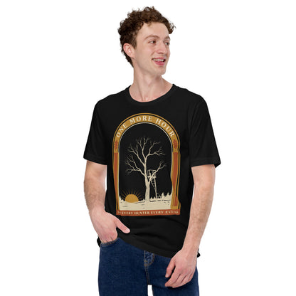One More Hour funny deer hunting tee — Black, on model