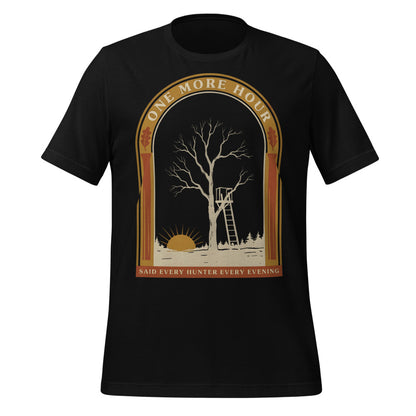 One More Hour funny deer hunting tee — Black, front