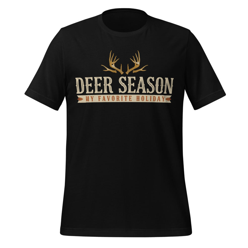 Deer Season My Favorite Holiday deer hunting tee — Black, front