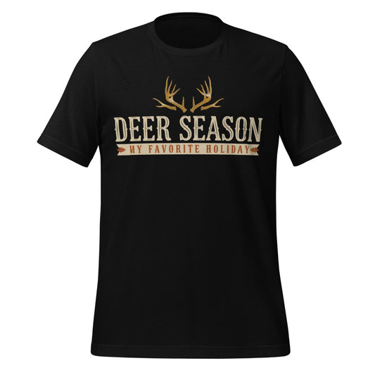 Deer Season My Favorite Holiday deer hunting tee — Black, front