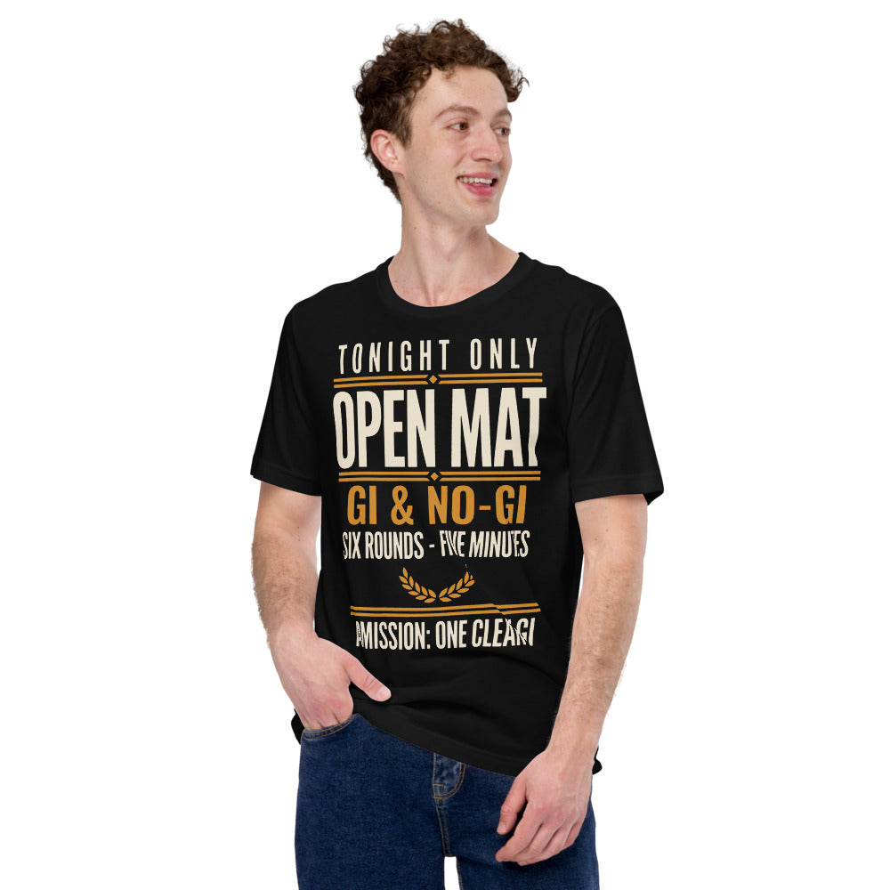 Open Mat Tonight Brazilian jiu jitsu t-shirt — Black, on model