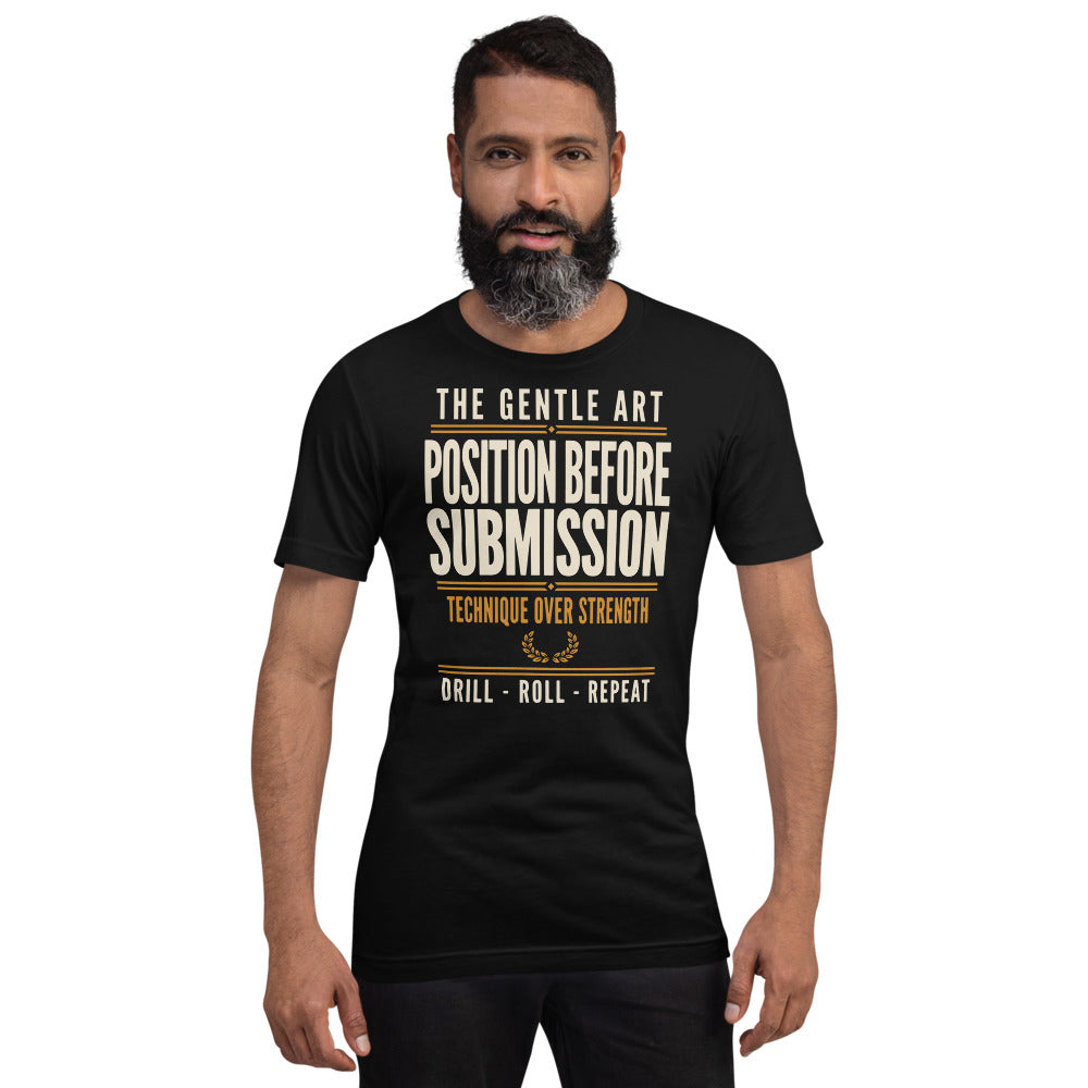 Position Before Submission Brazilian jiu jitsu t-shirt — Black, on model