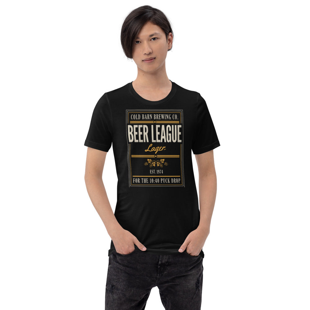 Beer League Cold Barn Brewing lager t-shirt — Black, on model