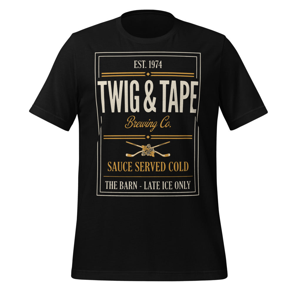 Twig and Tape Brewing Co. beer league hockey t-shirt — Black, front