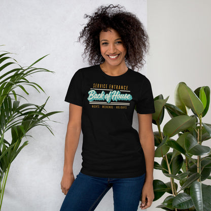 Line Cook Back of House retro diner service sign t-shirt — Black, on model