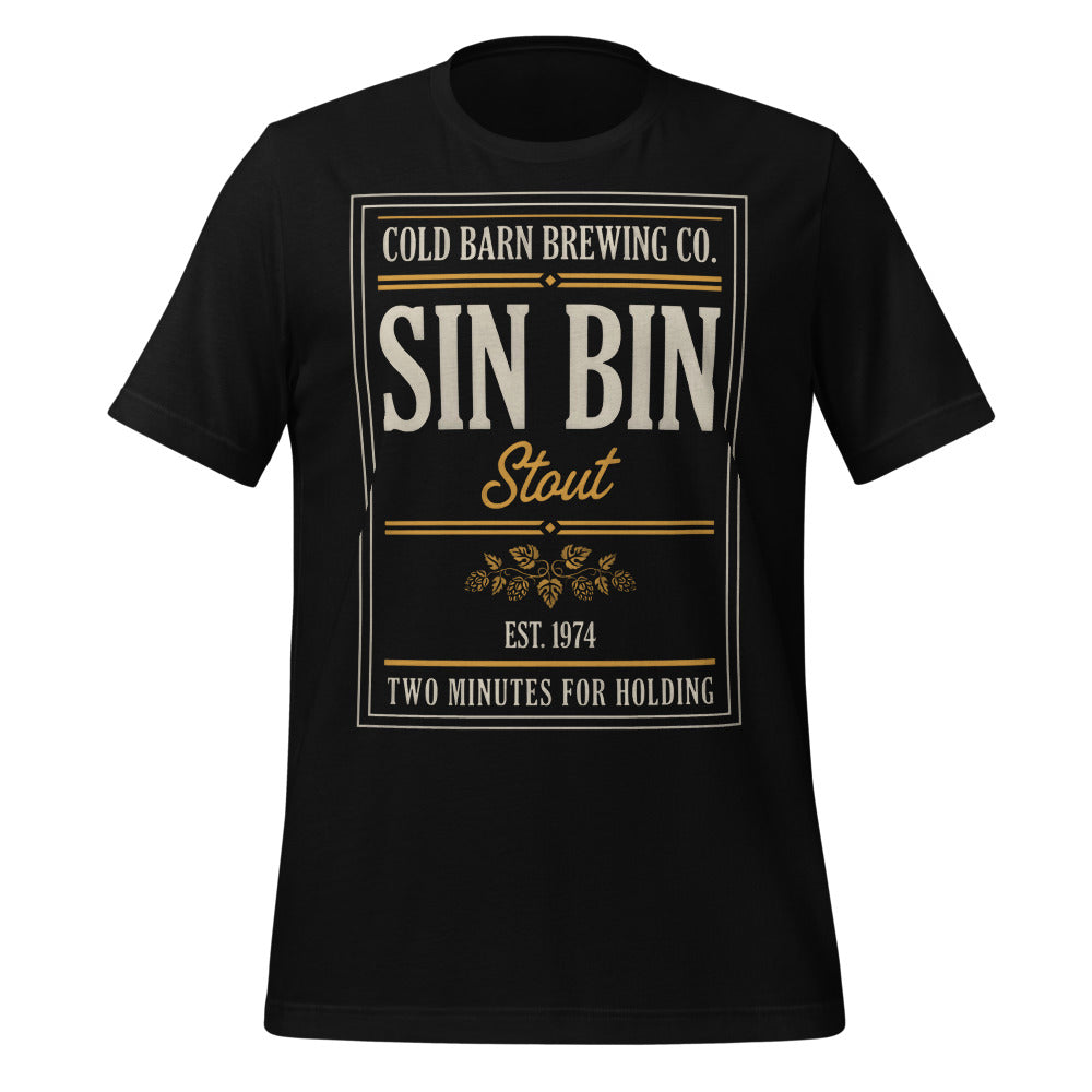 Beer League Sin Bin Stout brewery label t-shirt — Black, front
