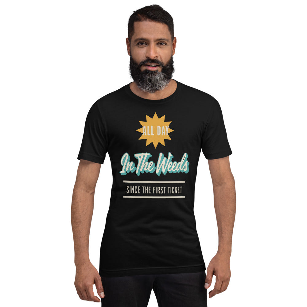 In The Weeds line cook retro diner service sign t-shirt — Black, on model