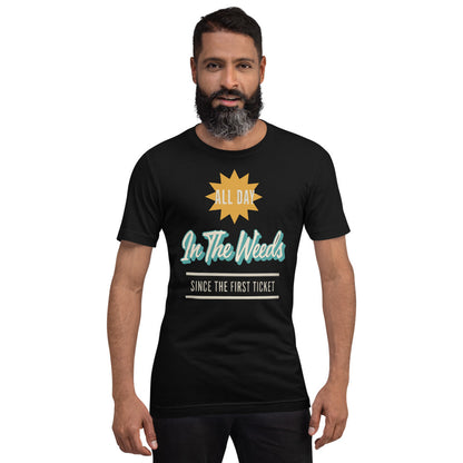 In The Weeds line cook retro diner service sign t-shirt — Black, on model