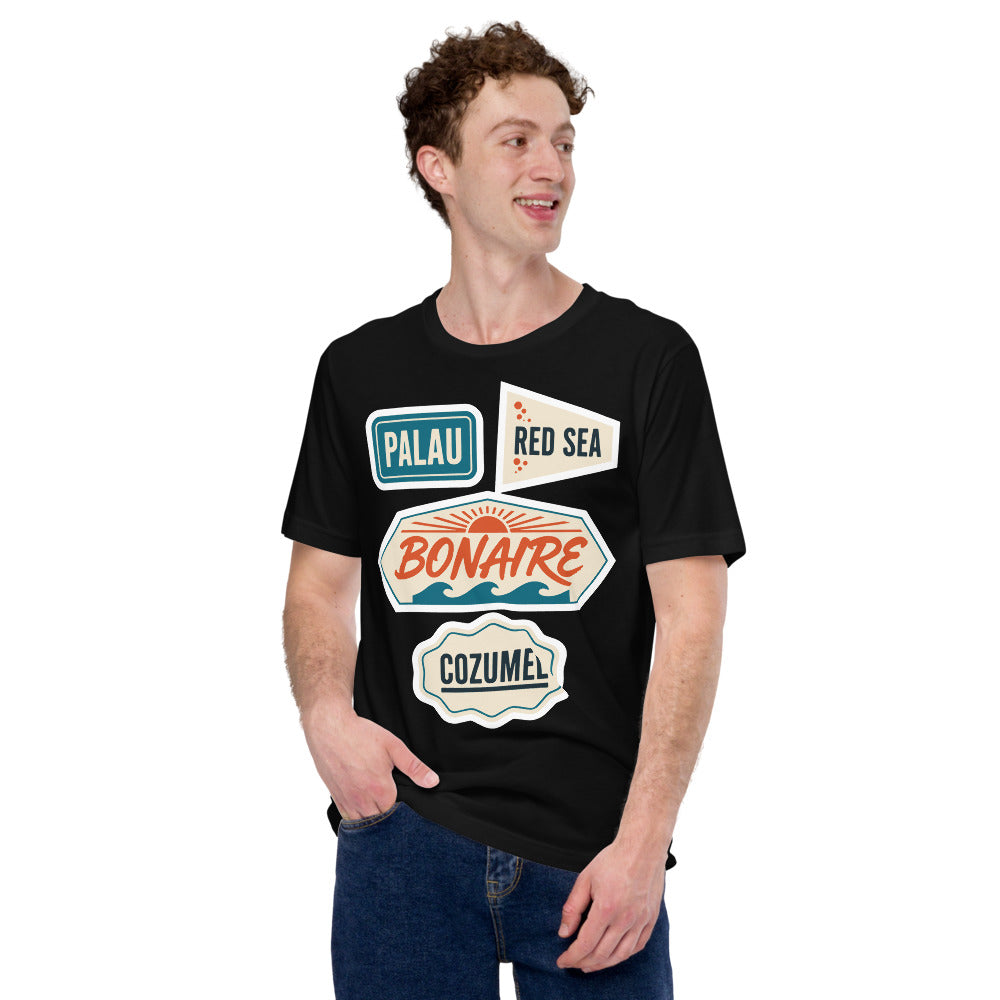 Vintage scuba diving dive sites travel decal t-shirt — Black, on model