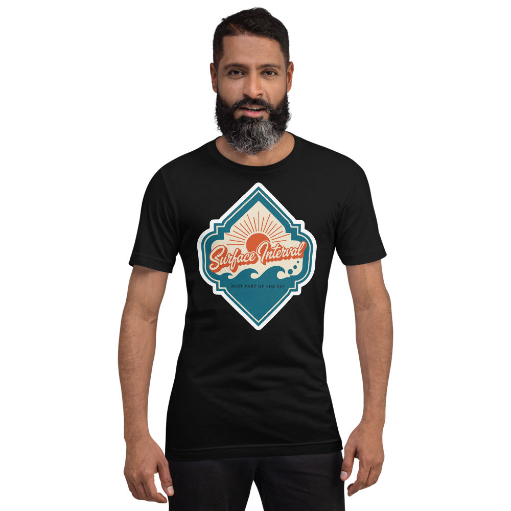 Surface Interval vintage scuba diving travel decal t-shirt — Black, on model