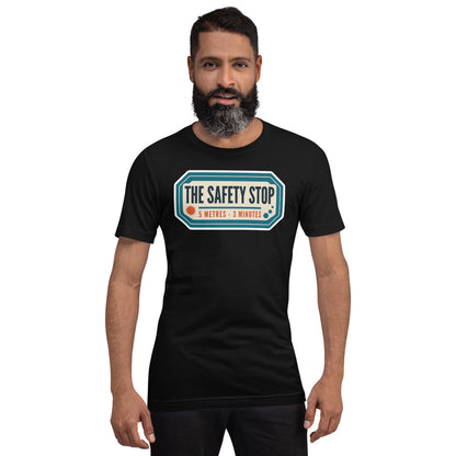 The Safety Stop vintage scuba diving travel decal t-shirt — Black, on model