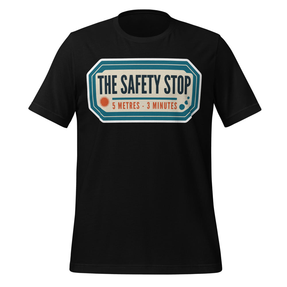 The Safety Stop vintage scuba diving travel decal t-shirt — Black, front
