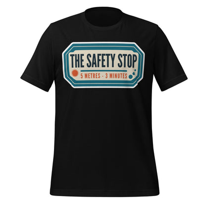 The Safety Stop vintage scuba diving travel decal t-shirt — Black, front