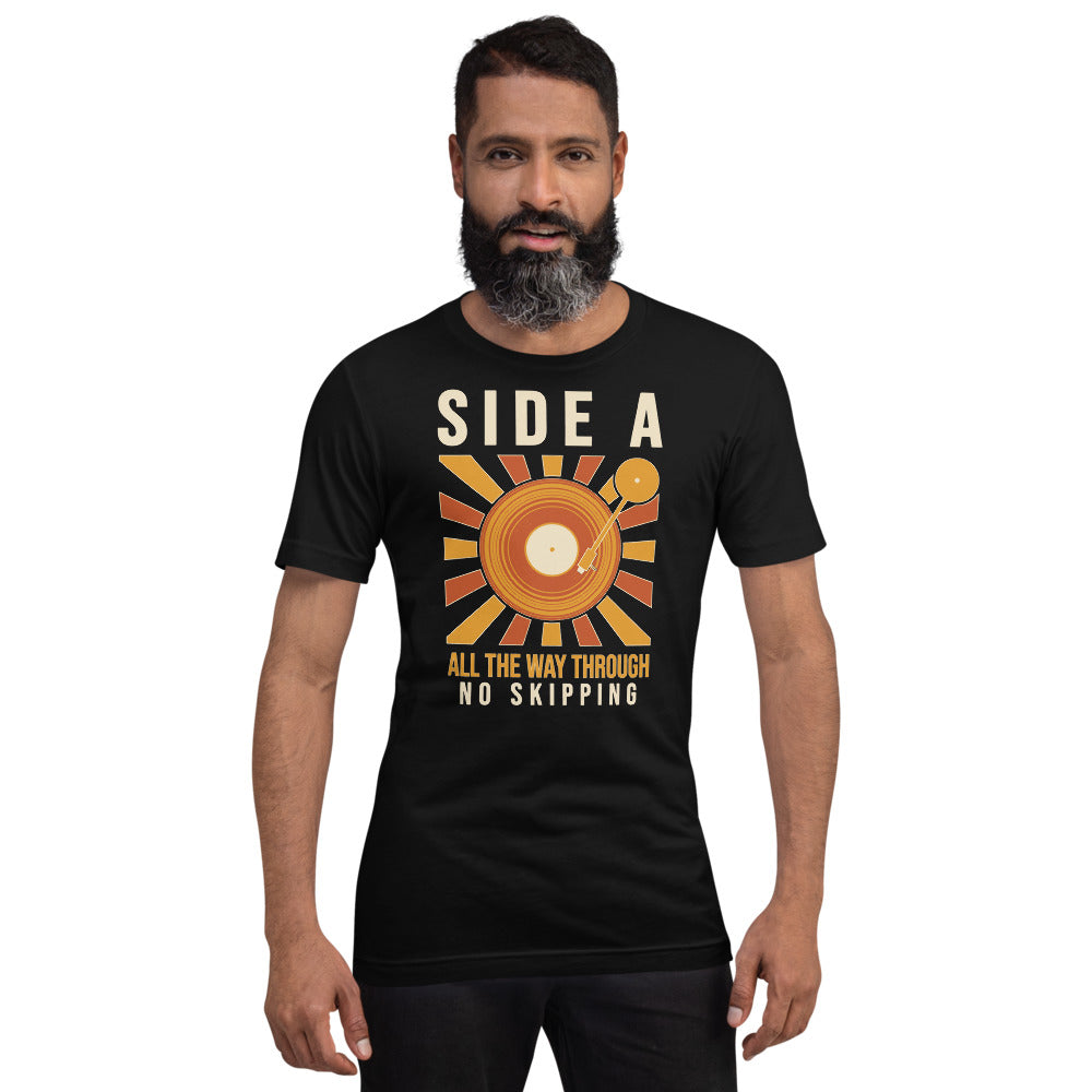 Side A No Skipping vinyl record tee — Black, on model