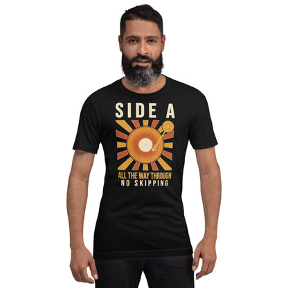 Side A No Skipping vinyl record tee — Black, on model